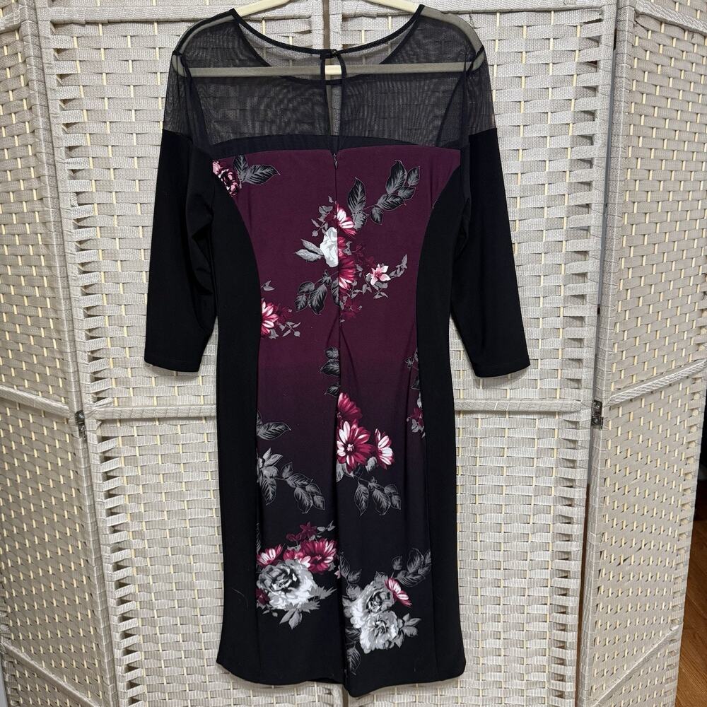 Joseph Ribkoff Illusion Yoke Sheath Dress Size 16 Black Purple Floral Knit - Picture 2 of 9